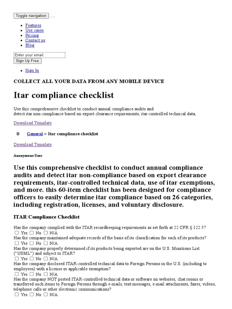 Itar Compliance Checklist PDF Template PDF Business Computing Itar Compliance Checklist PDF Template PDF Business Computing