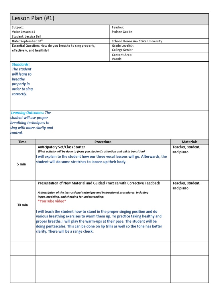 Voice Lesson Plans PDF Singing Lesson Plan