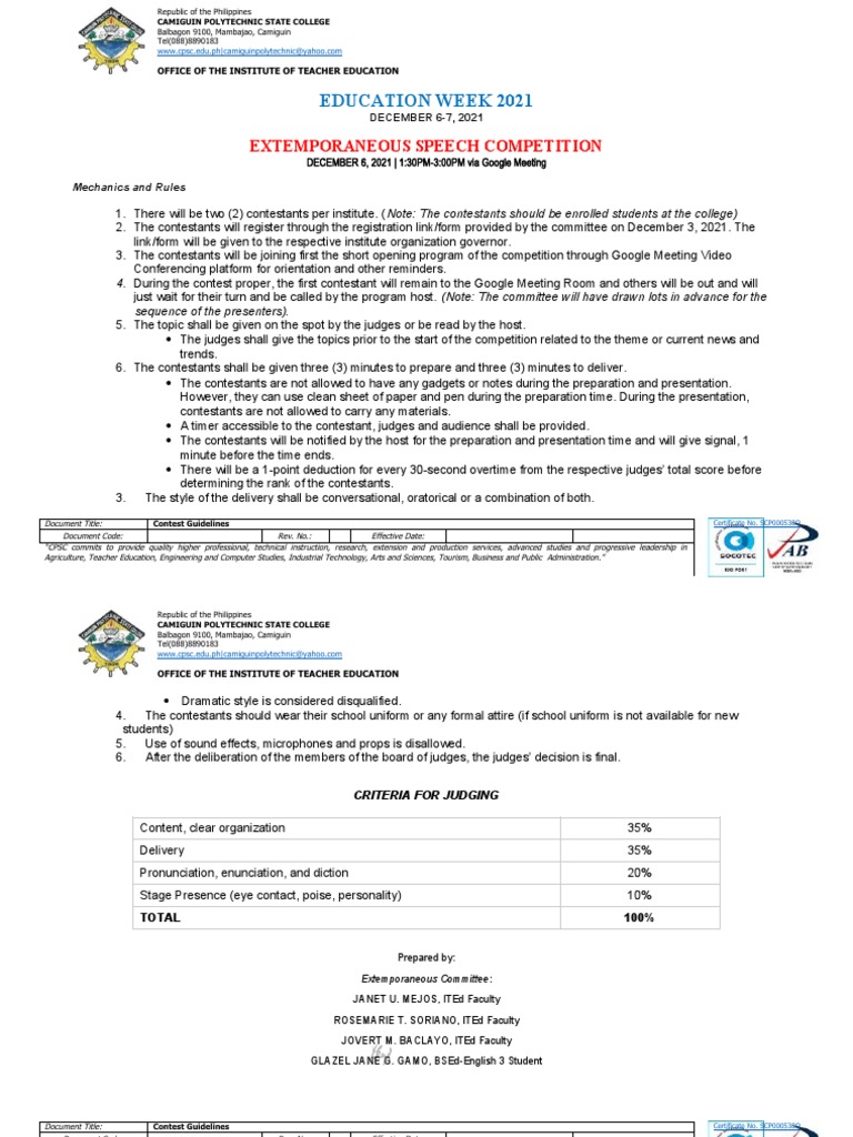 Extemporaneous Speech Competition Guidelines | PDF