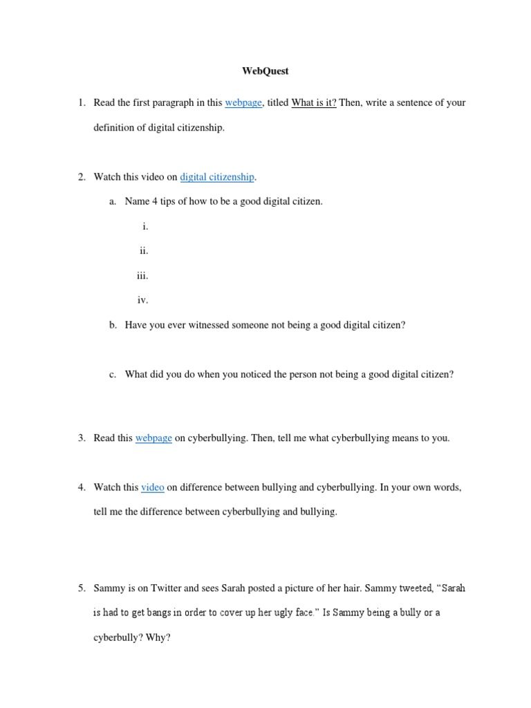Digital Citizenship quest PDF Cyberbullying Communication