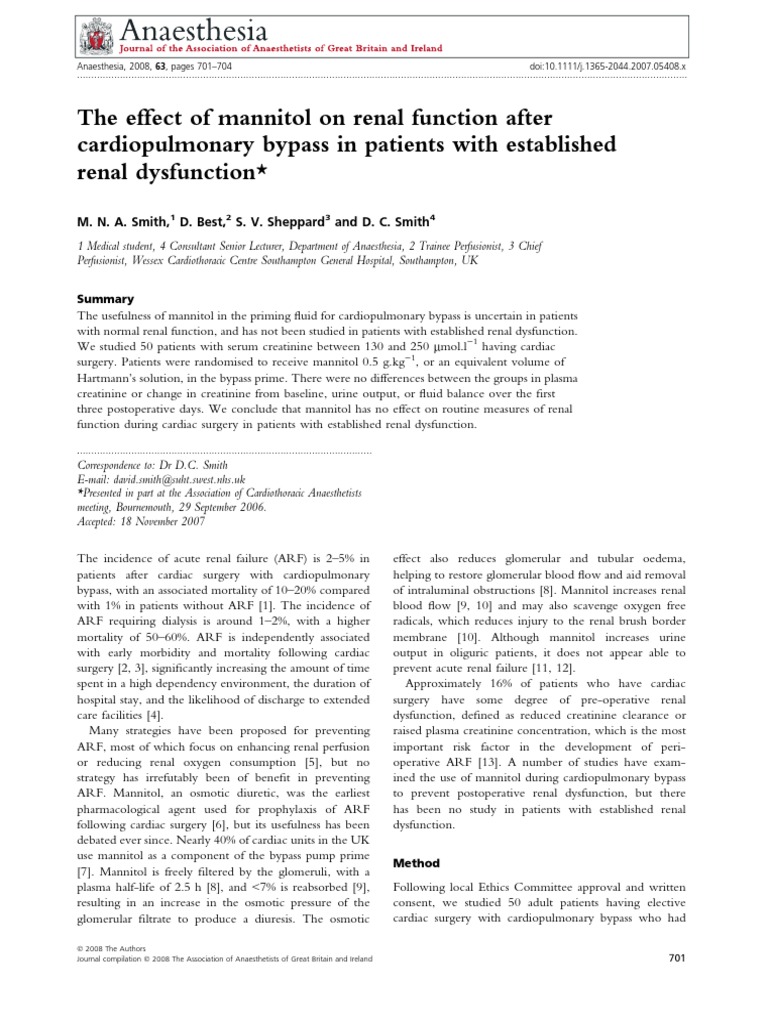 The Effect of Mannitol On Renal Function After Cardiopulmonary Bypass ...