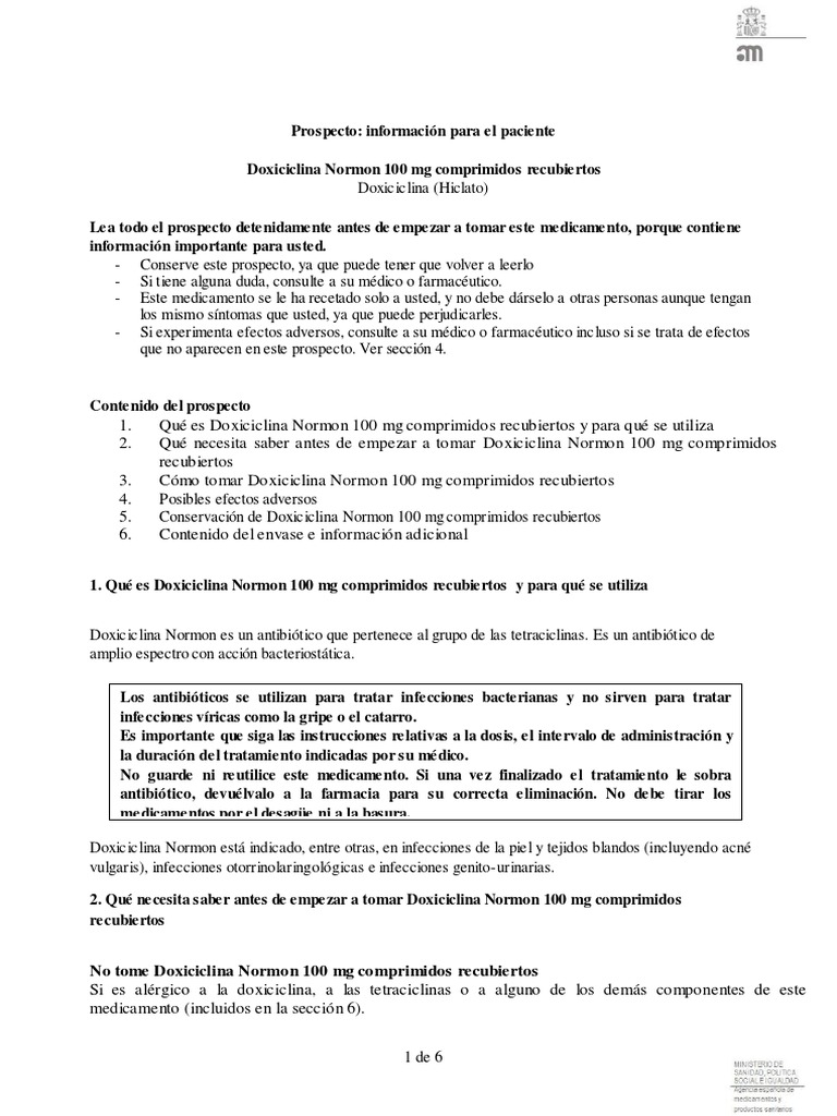 Doxiciclina Normon: Uso y Precauciones | PDF | Medicamentos con receta ...