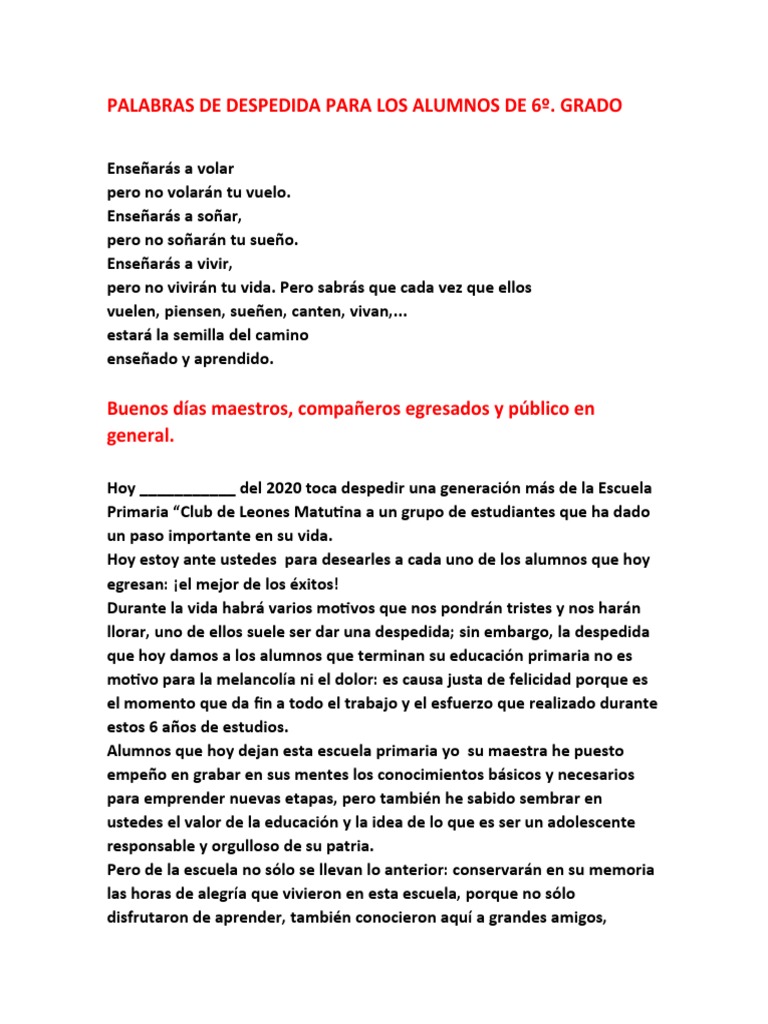 Despedida emotiva para alumnos de 6º grado | PDF | Educación primaria