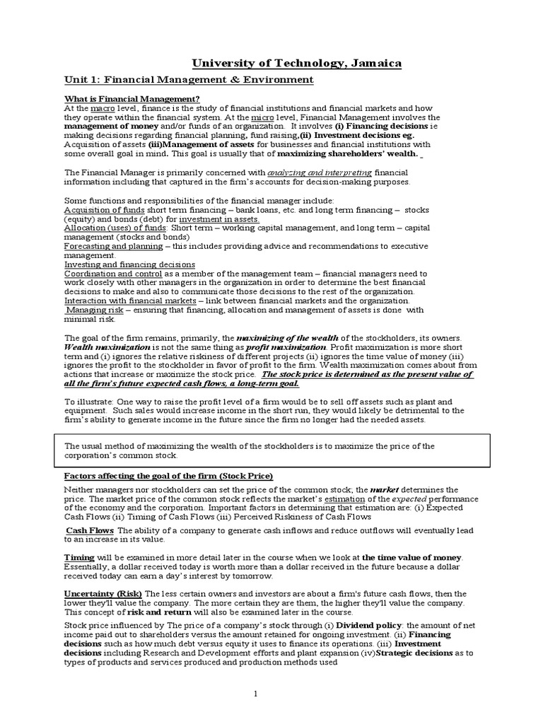FM Unit 1 Lecture Notes - Financial Managment and Environments | PDF ...