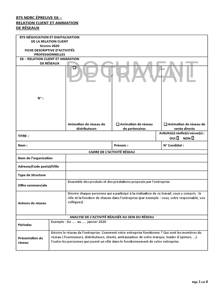 Fiche E6 Bts Ndrc 2020 Vente Directe BTS NDRC Épreuve E6 Relation Client Et 416135 | PDF | Analyse SWOT |  Économie