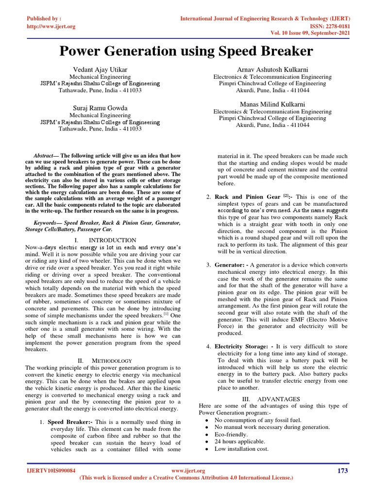 Power Generation Using Speed Breaker IJERTV10IS090084 PDF Gear