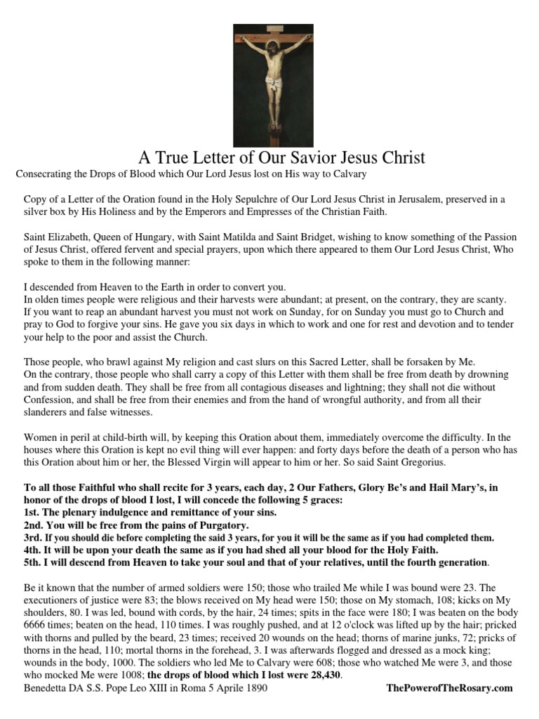 True Letter of Our Savior Jesus Christ | PDF | Jesus | Catholic Church