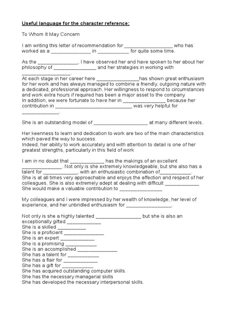 Character Reference - Useful Language | PDF | Psychology ...