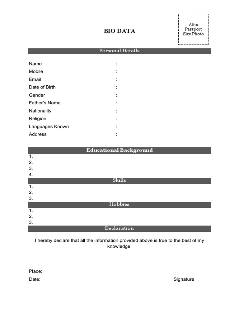 Bio Data Format For Freshers | PDF