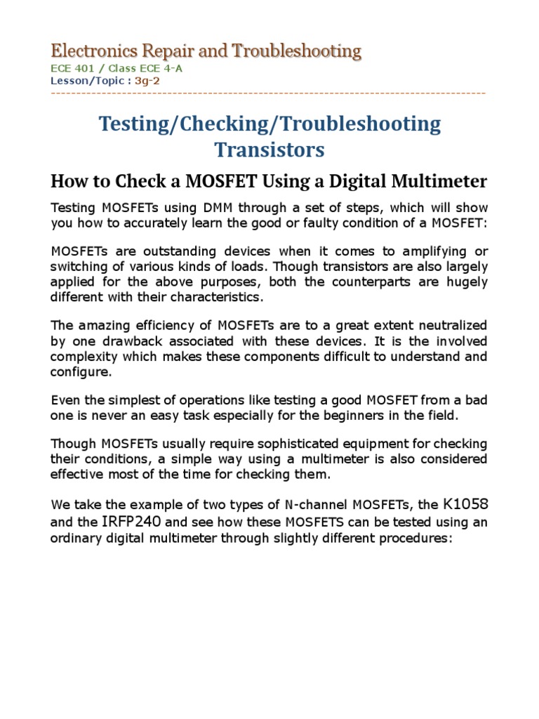 Testing/Checking/Troubleshooting Transistors How To Check A MOSFET Using A Digital Multimeter