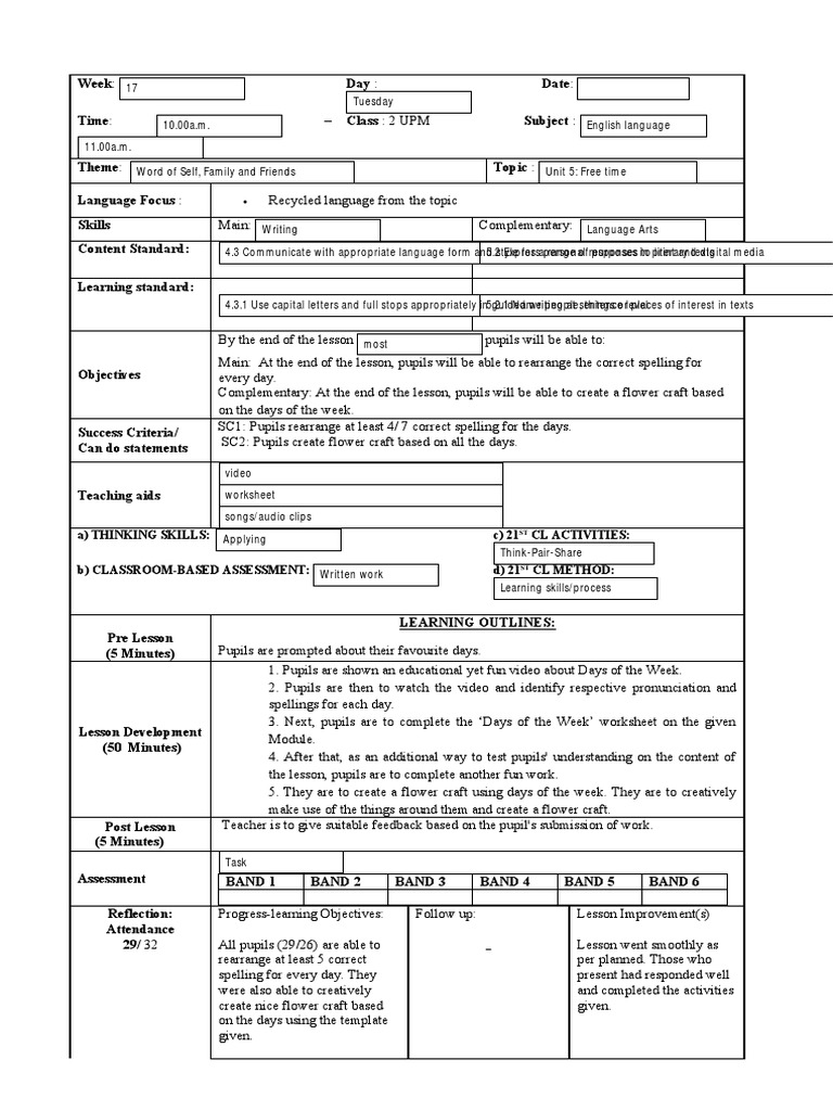 Grade 2 Thematic Lesson Plan: Days | PDF | Teachers | Learning