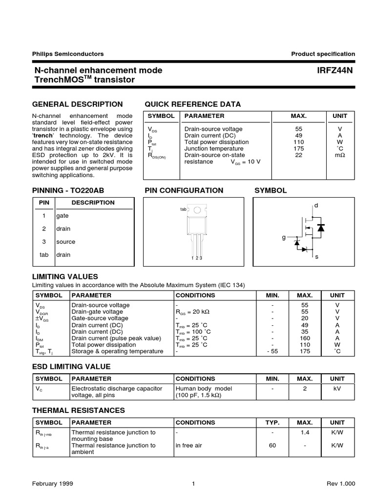 IRFZ44N Datasheet | PDF | Field Effect Transistor | Transistor