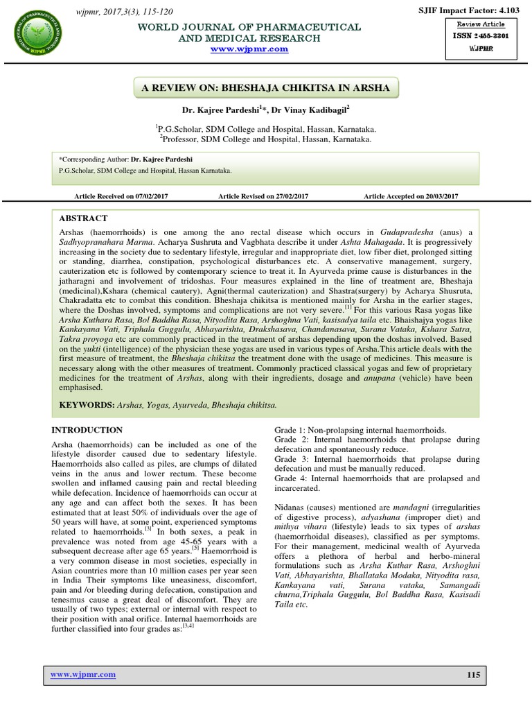 Research A Review On Bheshaja Chikitsa In Arsha Ayur Research Pdf