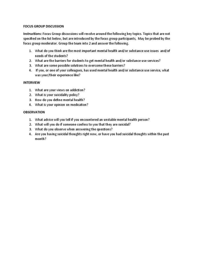 Focus Group Discussion Instructions: Focus Group Discussions Will ...