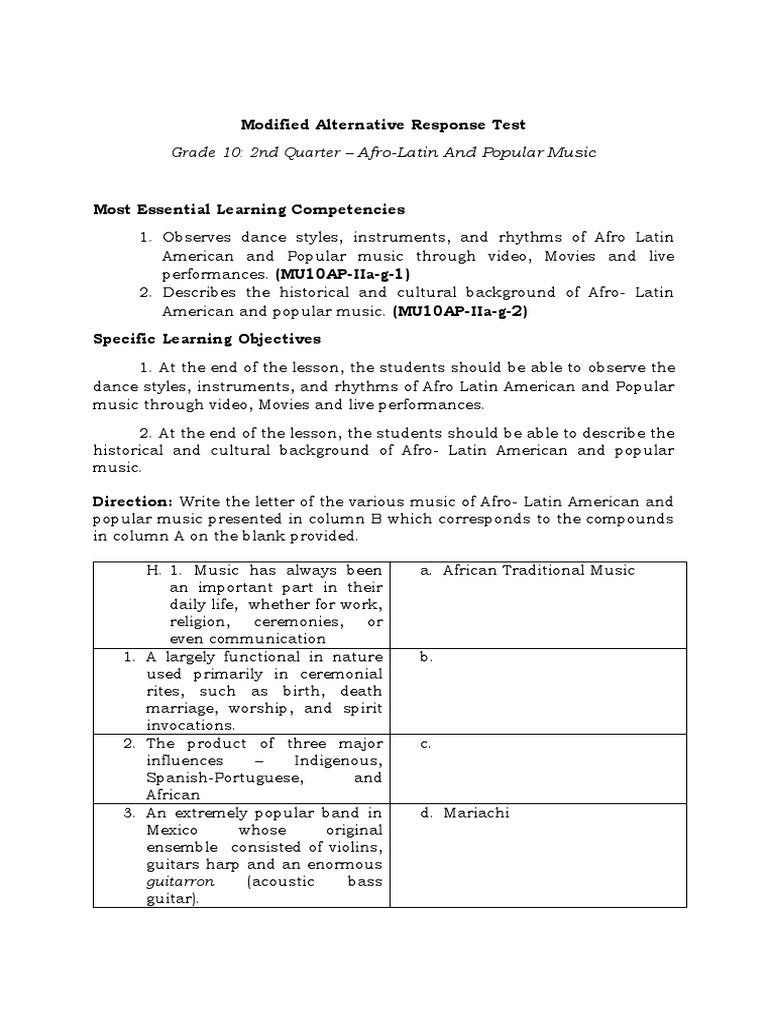 Grade 10: 2nd Quarter - Afro-Latin and Popular Music: Modified ...