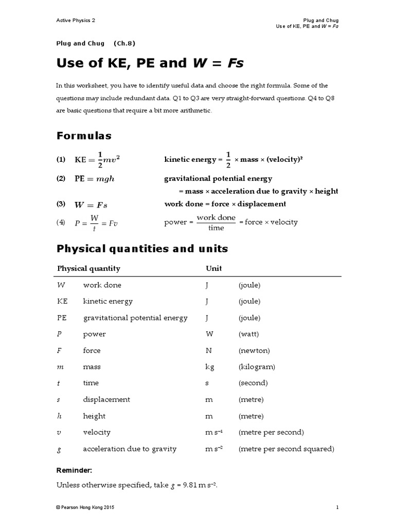 08 Plug and Chug Use of KE PE and Work e PDF Potential Energy Mass