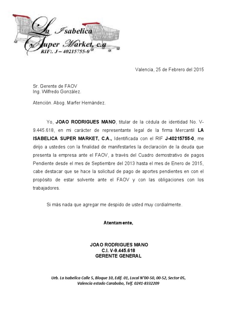 Carta Solicitud De Pago De Aportes Pendiente Ante El Faov Pdf