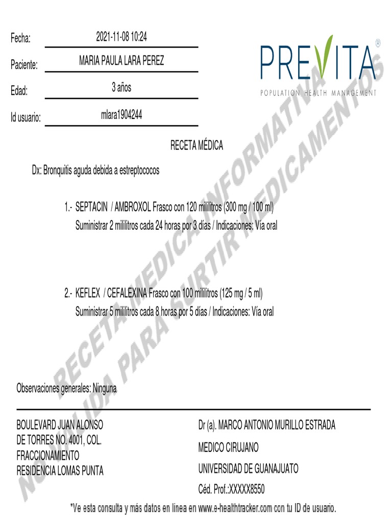 Receta médica para bronquitis aguda | PDF | Ciencias de la Salud | Medicina