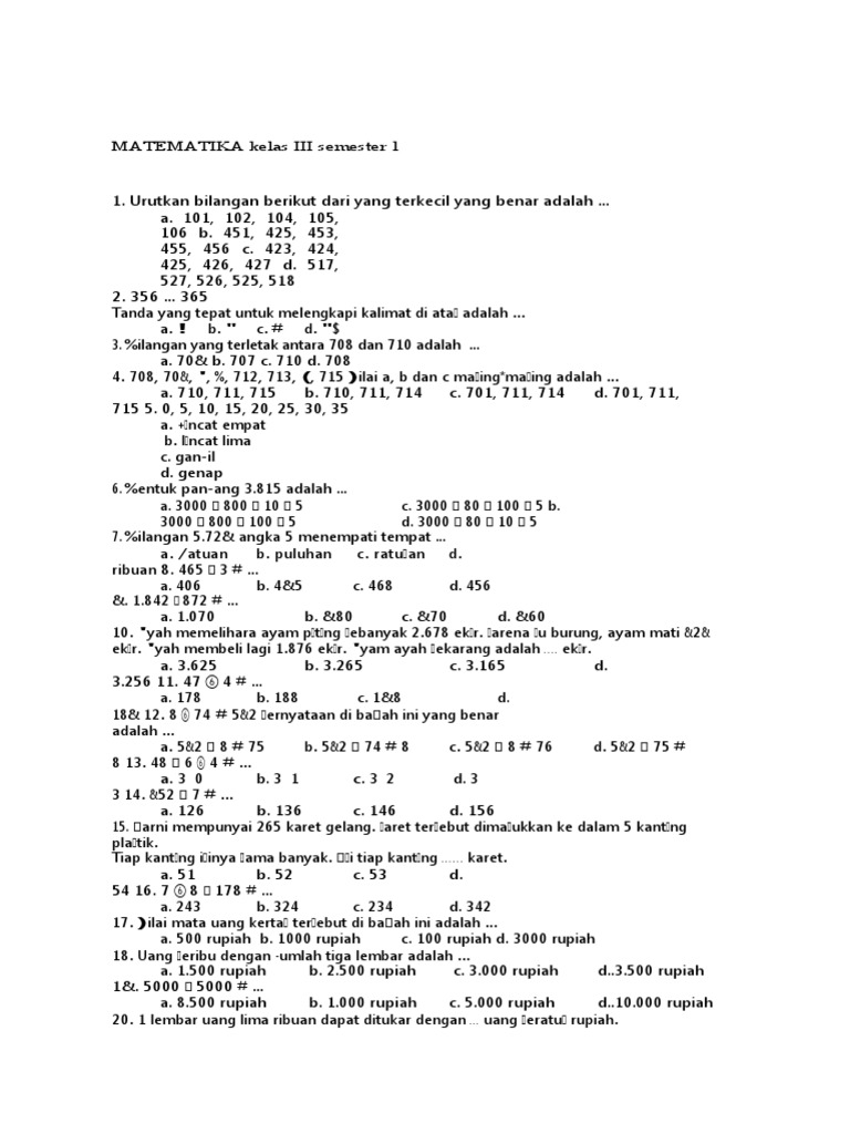 Soal Matematika Kelas 3 Semester 1 | PDF | Metode & Bahan Ajar | Griya ...
