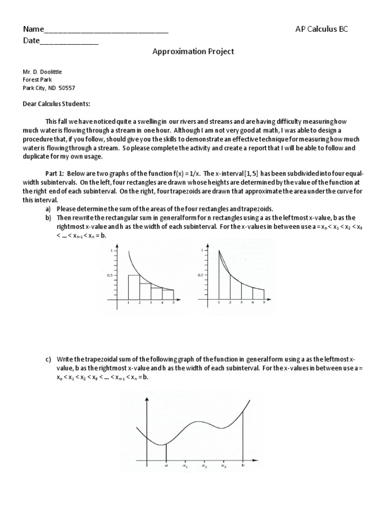 Name AP Calculus BC Date Approximation Project PDF Integral Area