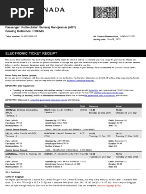 Air Canada flight E-ticket