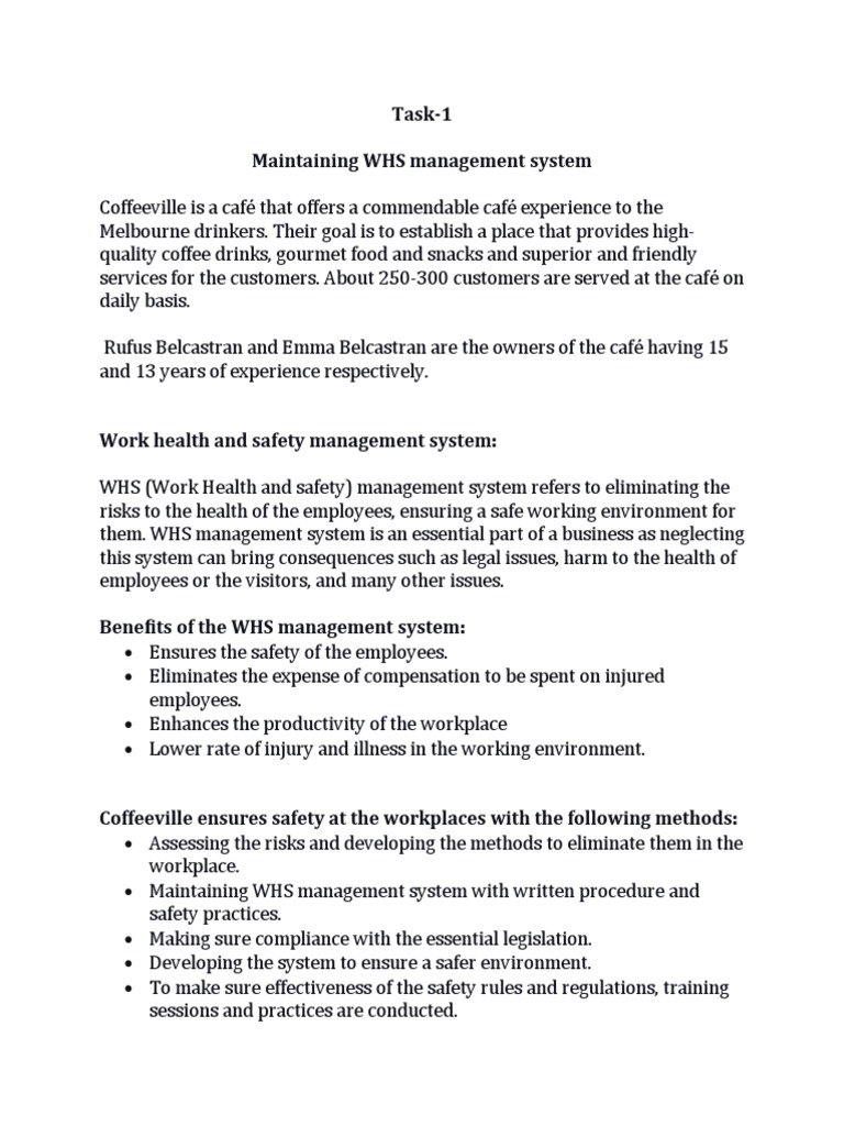 Task-1 Maintaining WHS Management System | PDF | Occupational Safety ...