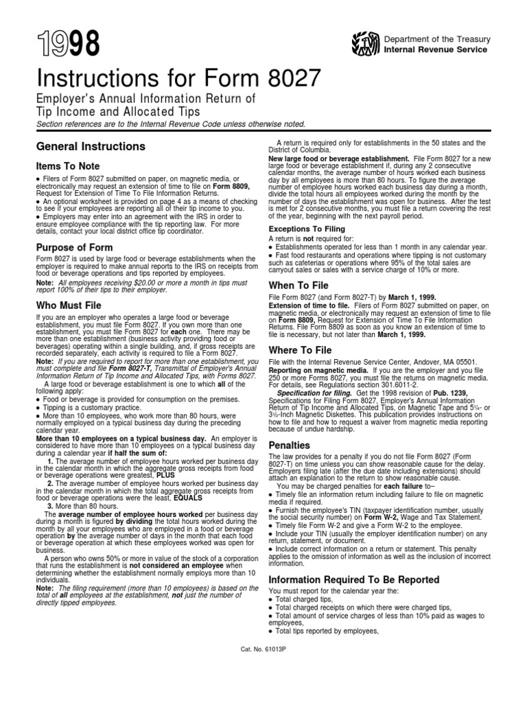 Form 8027 Instructions for Tip Reporting | PDF | Gratuity | Irs Tax Forms