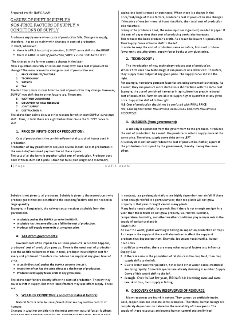 SUPPLY NonPrice Factors That Causes The SUPPLY Curve To Shift PDF