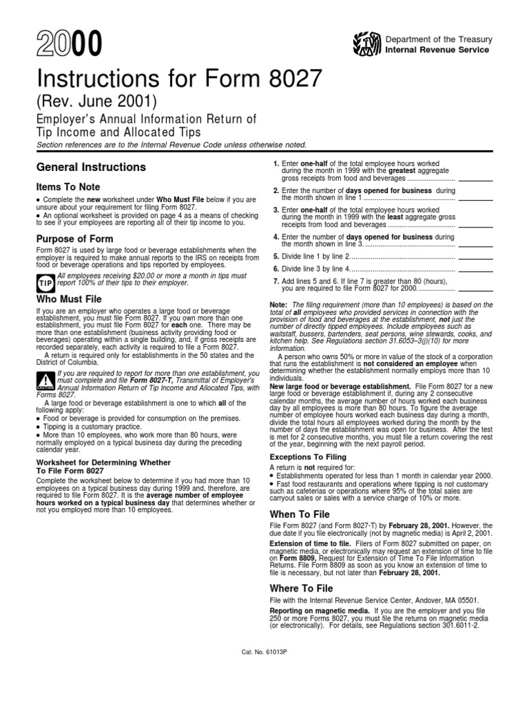 US Internal Revenue Service: I8027 - 2000 | PDF | Gratuity | Irs Tax Forms