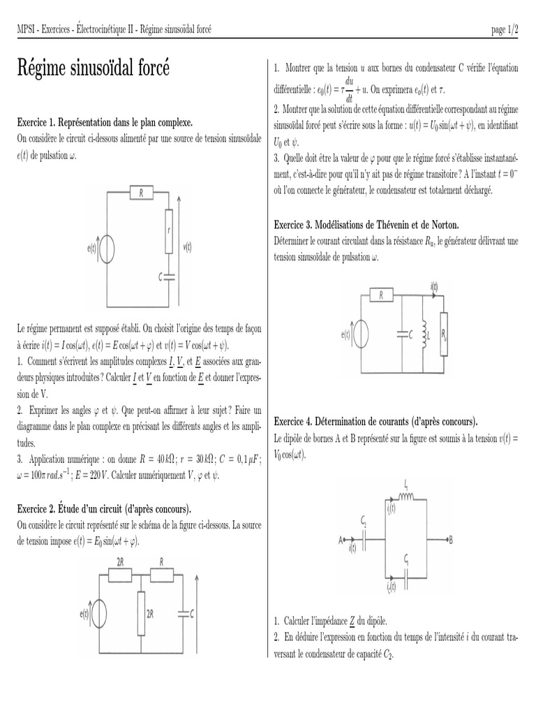 Comment Effectuer Une étude Sur Un Schéma électrique D ali Exo 10 Electrocinetique Regime Sinusoidal Force Exercices | PDF | Puissance  (physique) | Tension électrique