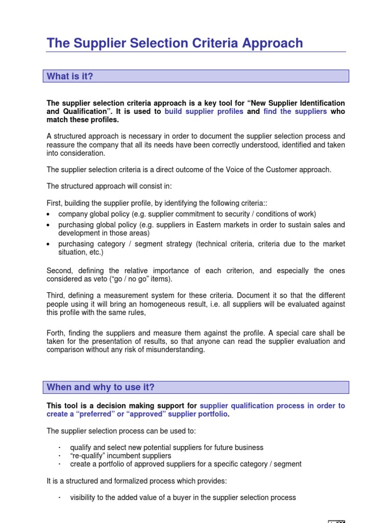 Supplier Selection Criteria | PDF | Policy | Investing