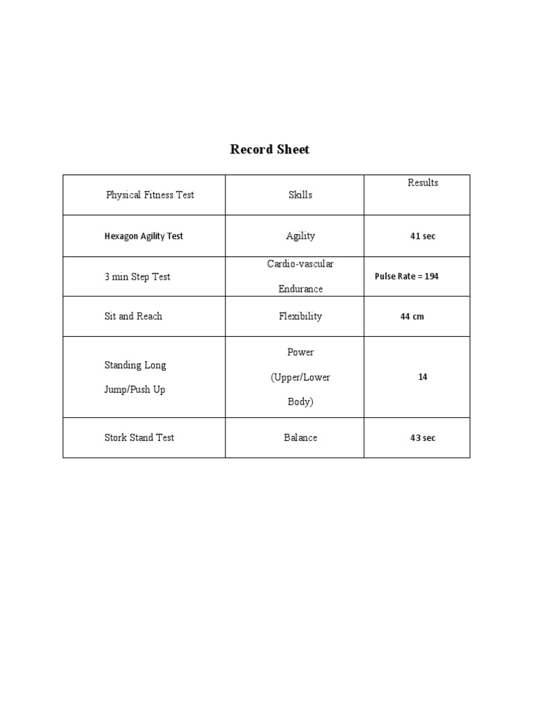 Physical Fitness Test Results Sheet | PDF
