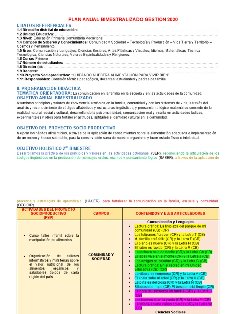 Plan Anual de Desarrollo Curricular 2020 | PDF | Bolivia | Educación ...