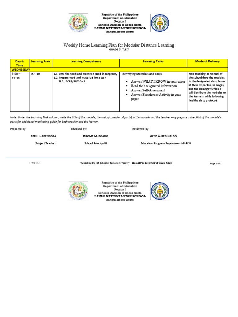 Weekly Home Learning Plan For Modular Distance Learning: Grade 7-Tle 7 ...