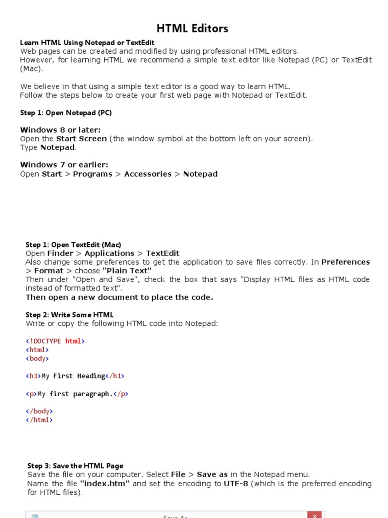 HTML Editors: Learn HTML Using Notepad or Textedit | PDF
