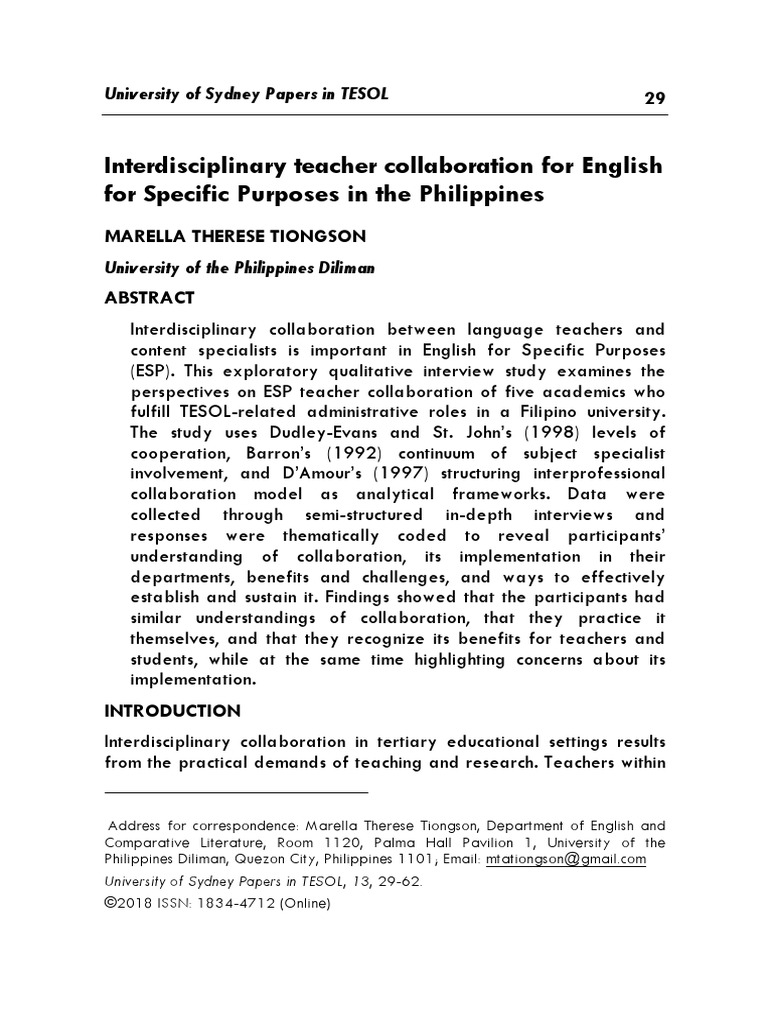 Interdisciplinary Teacher Collaboration For English For Specific ...