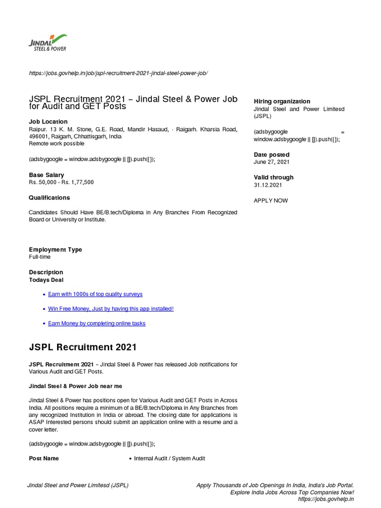 JSPL Recruitment 2021 - Jindal Steel &amp; Power Job For Audit and GET 