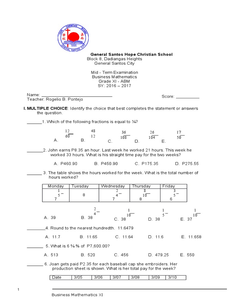 Business Math Exam - Hope Christian School | PDF | Prices | Mortgage Loan