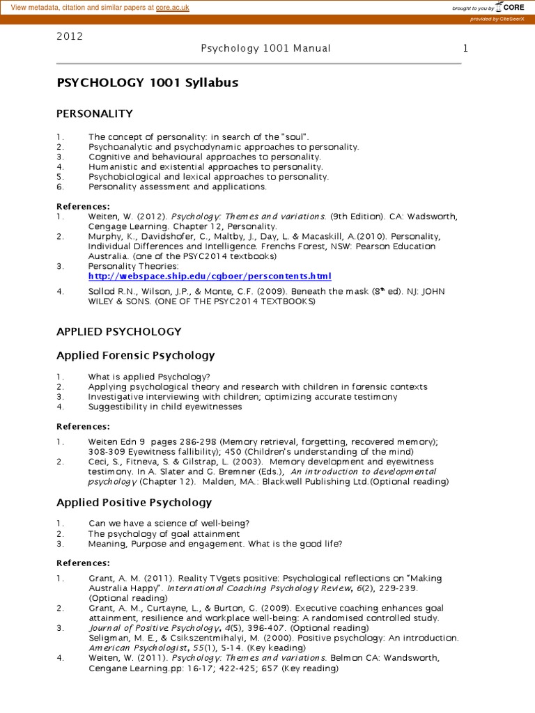 PSYCHOLOGY 1001 Syllabus | PDF | Psychology | Positive Psychology