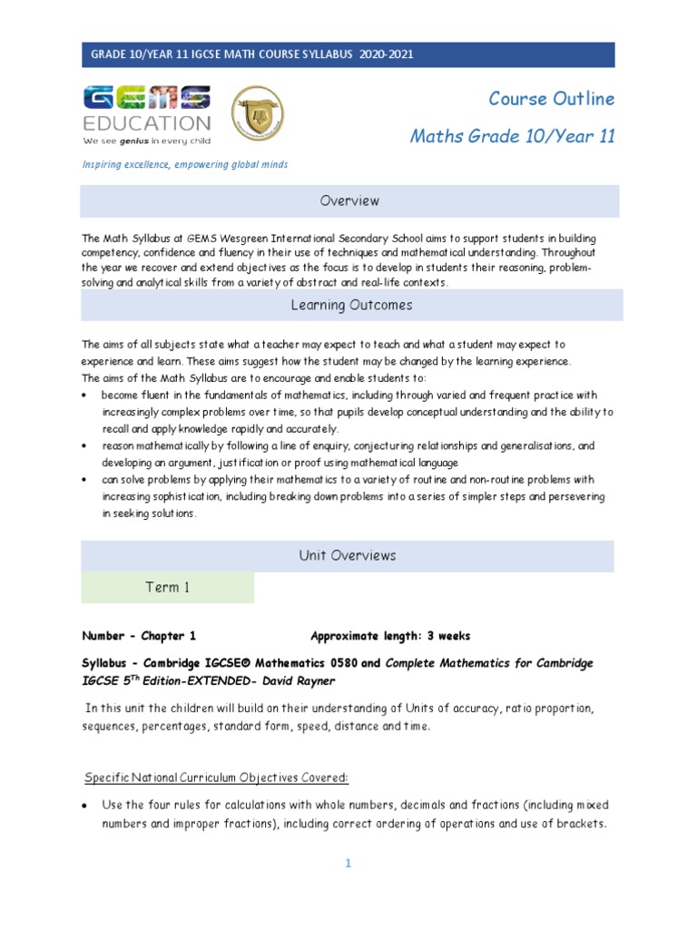 GR 10-IG Maths Syllabus Overview 2020-21 | PDF | Trigonometric ...