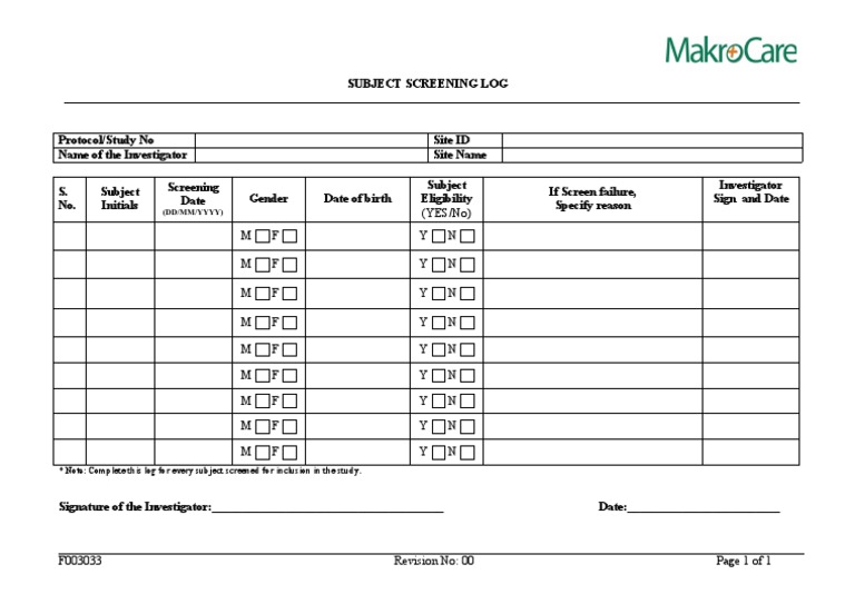 Subject Screening Log Template | PDF