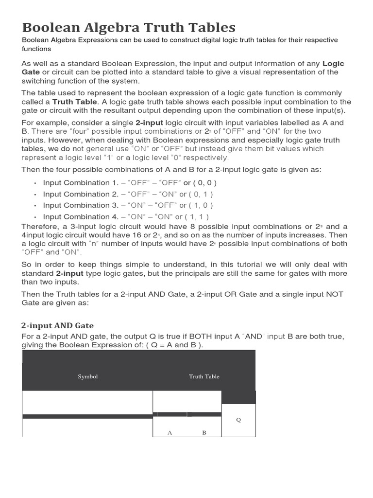 Truth Tables for Logic Gates Explained | PDF | Logic Gate | Boolean Algebra