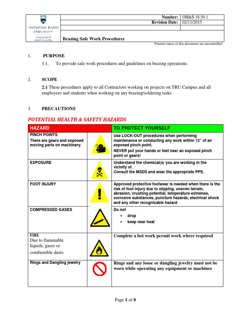 Potential Health & Safety Hazards 1. 1.1. To Provide Safe Work Procedures and Guidelines On