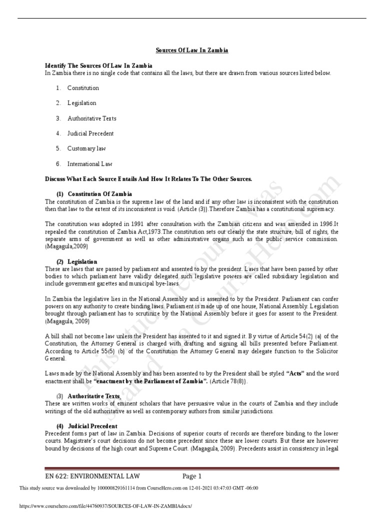 Sources of Law in Zambia PDF Precedent Sources Of Law