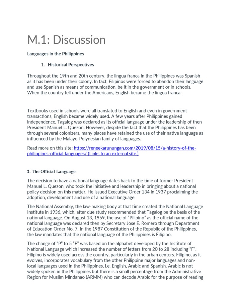 M.1 Discussion Languages in The Philippines PDF Mindanao