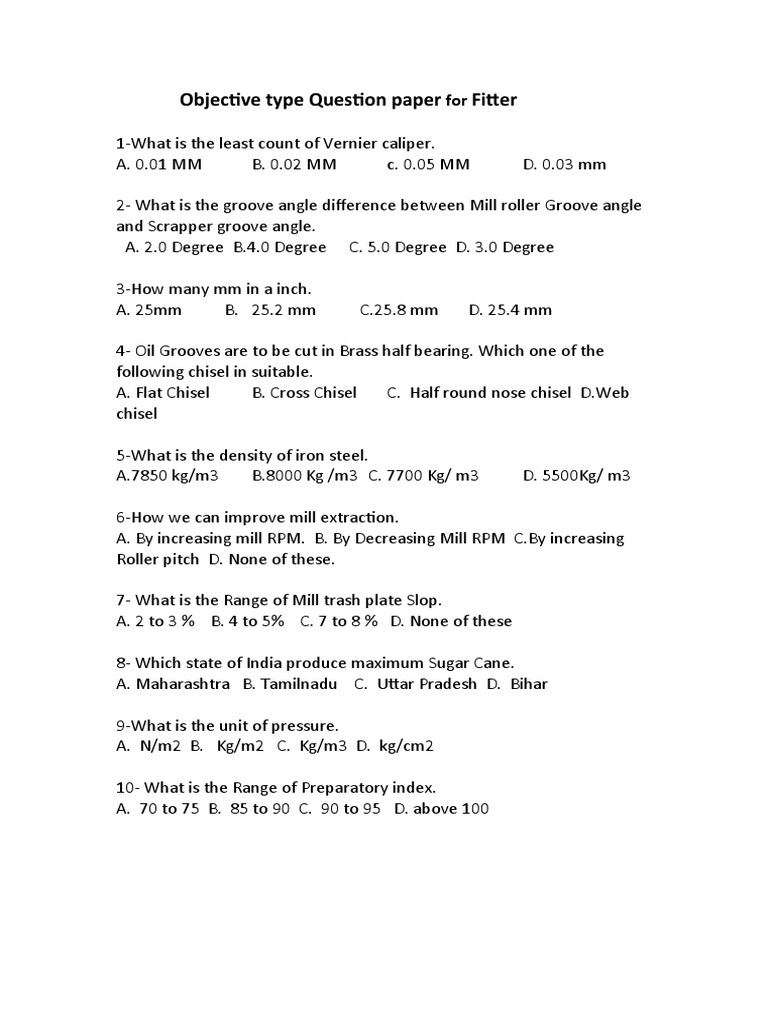 Fitter Objective Question Paper | PDF
