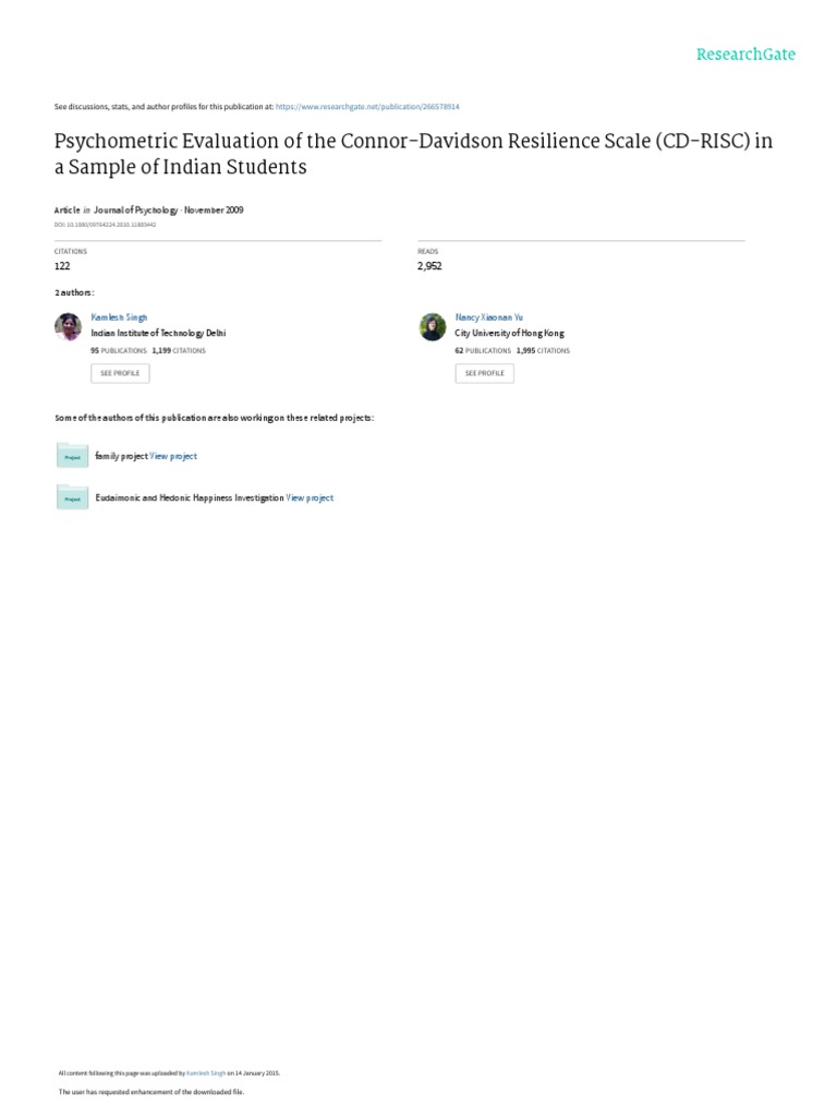 Psychometric Evaluation of The Connor-Davidson Resilience Scale (CD ...