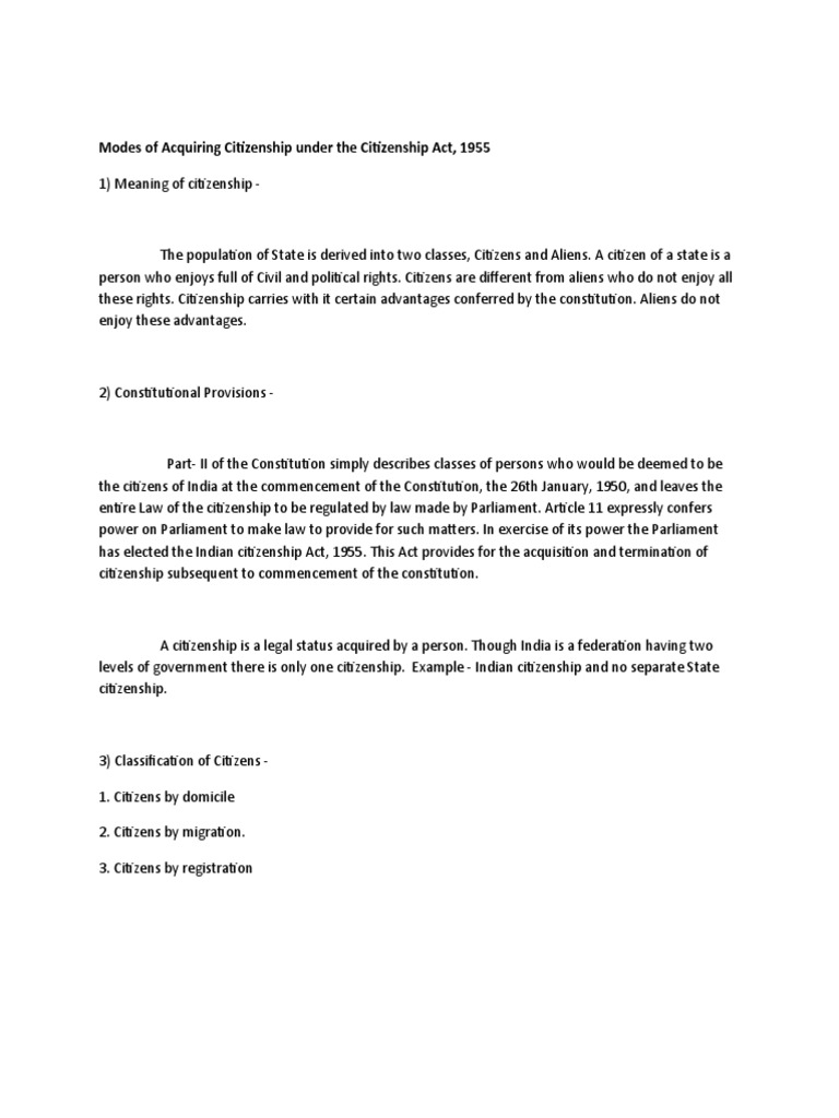 Citizenship Acquisition in India: 1955 Act | PDF | Citizenship ...