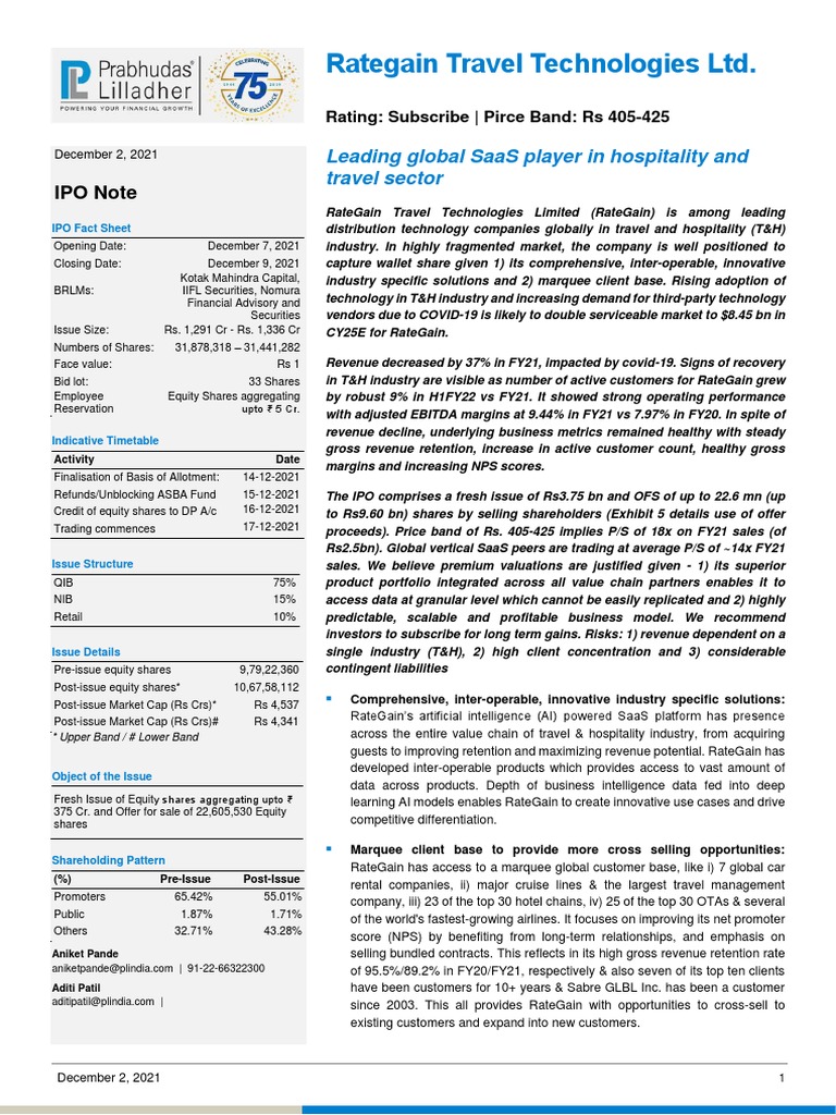 IPO Note - Rategain - PL - 021221 | PDF | Stocks | Pricing