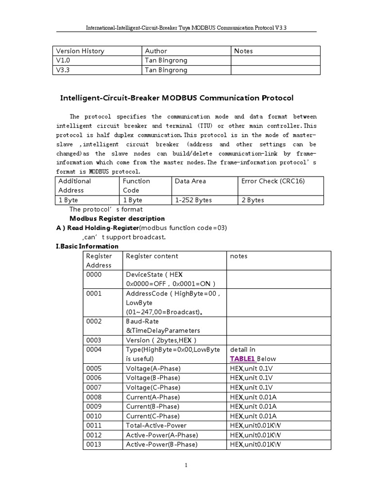 Tuya MODBUS Protocol for Circuit Breakers | PDF | Telecommunications ...